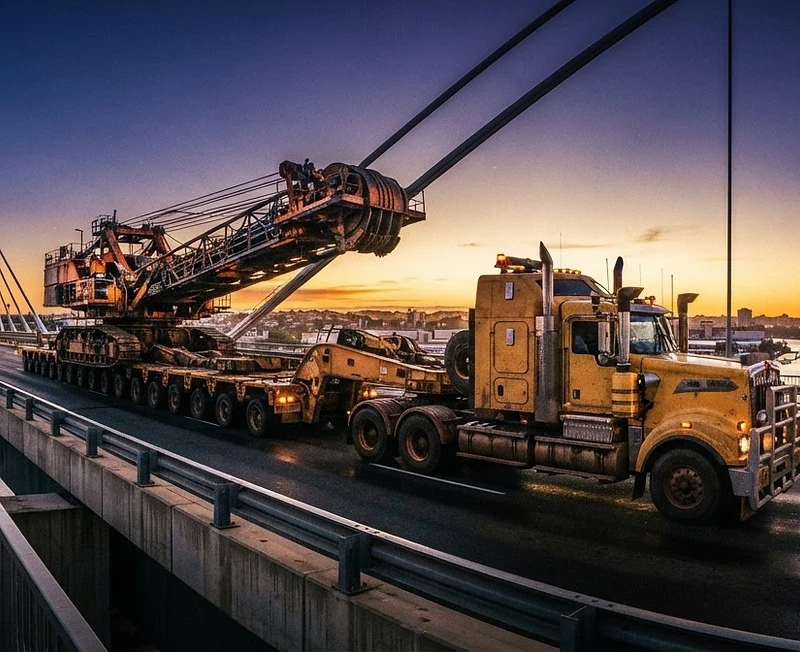Low loader heavy haulage rig on the Gateway Bridge at dawn
