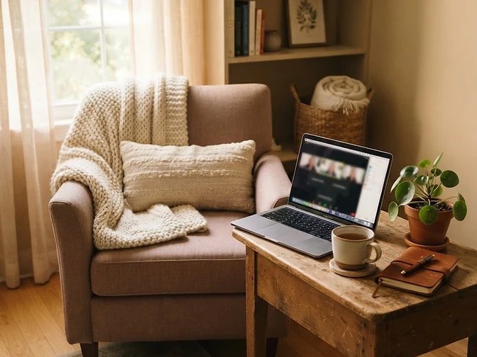 A cozy home corner prepared for a virtual counseling session