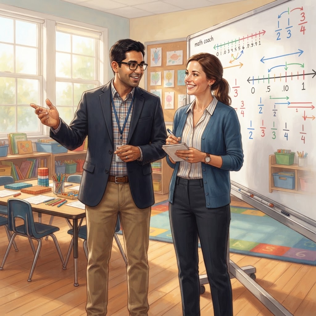 A math coach and teacher working at a whiteboard with number lines and fraction models