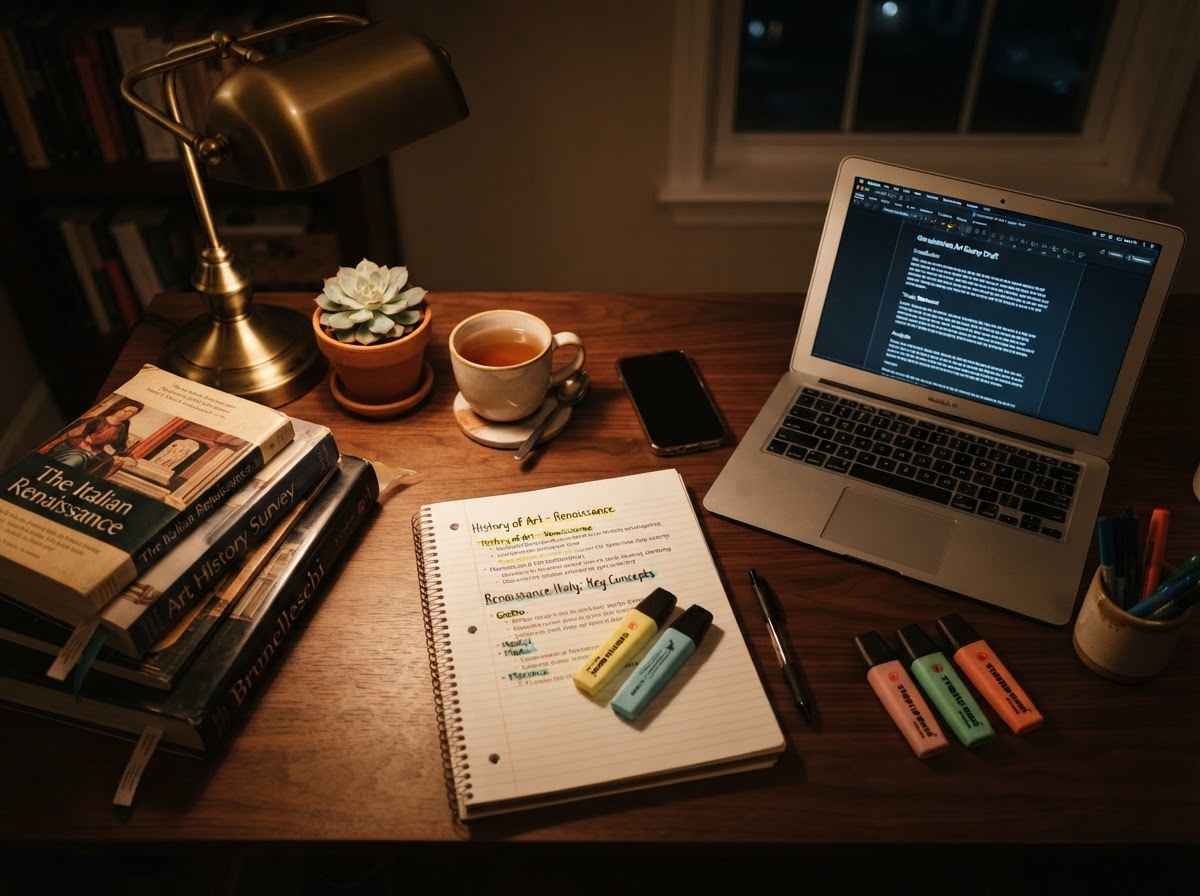 A student's study desk at night with a laptop, notebook and warm lamp light