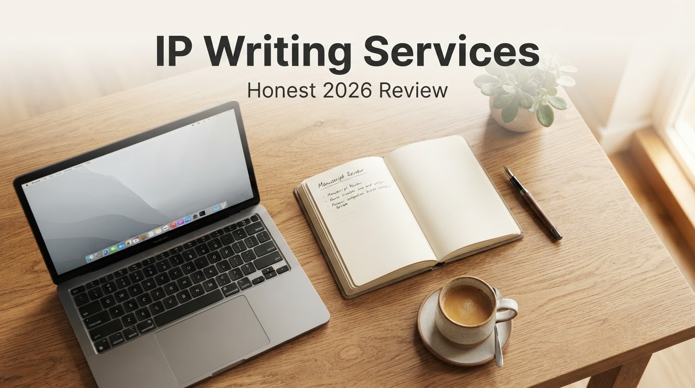 IP Writing Services — honest 2026 review banner showing a desk with laptop and notebook
