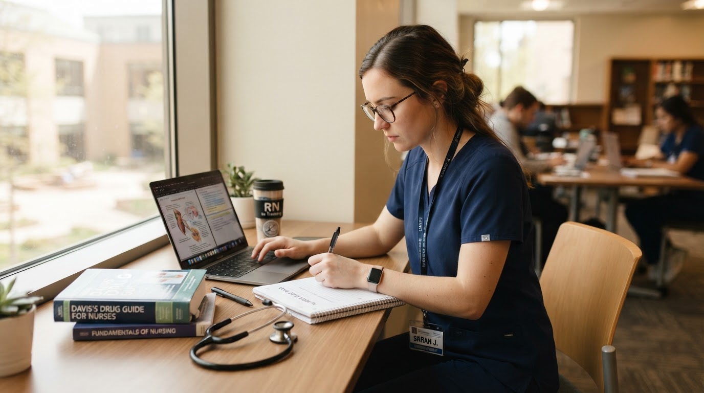 A nursing student writing at a laptop with textbooks and a stethoscope on the desk