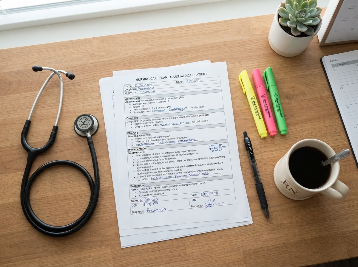 A nursing care plan document on a desk with highlighters and a pen