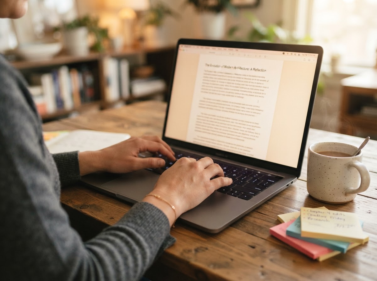 Hands typing an essay on a laptop keyboard with sticky notes and a coffee mug