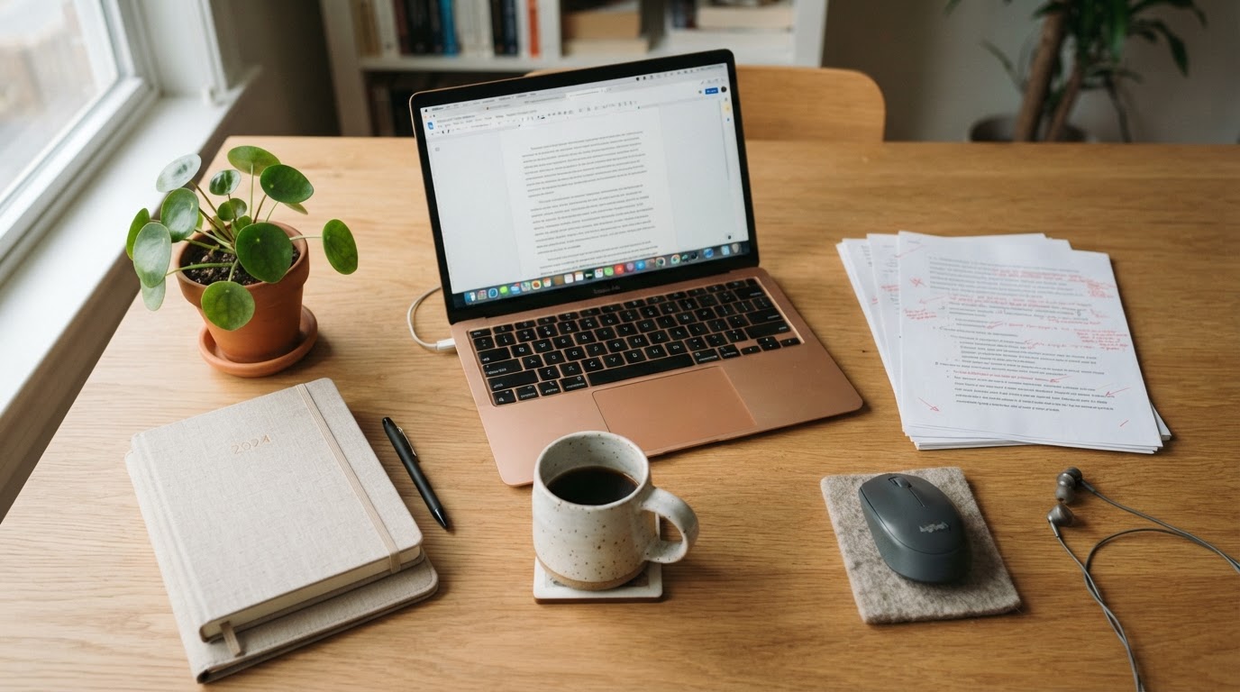 Student desk with laptop, printed essay drafts, red pen and coffee — hire writers review