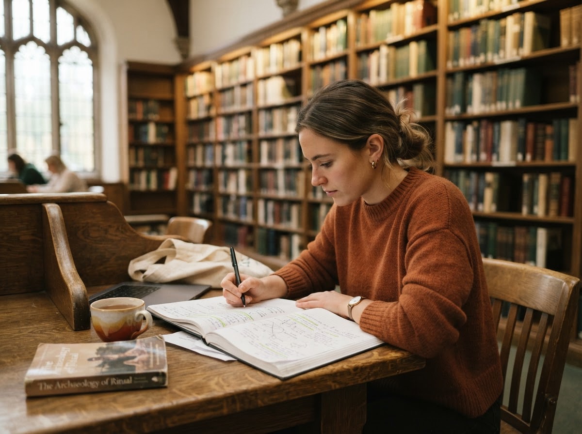 A graduate student writing notes in a quiet library — research paper help