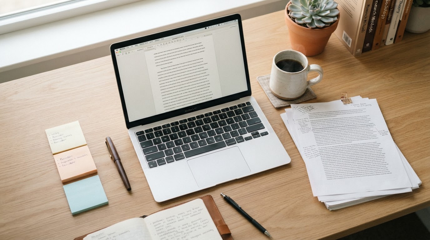 A student desk with an open laptop, stacked research papers, a coffee cup, and a pen — custom research paper writing services review