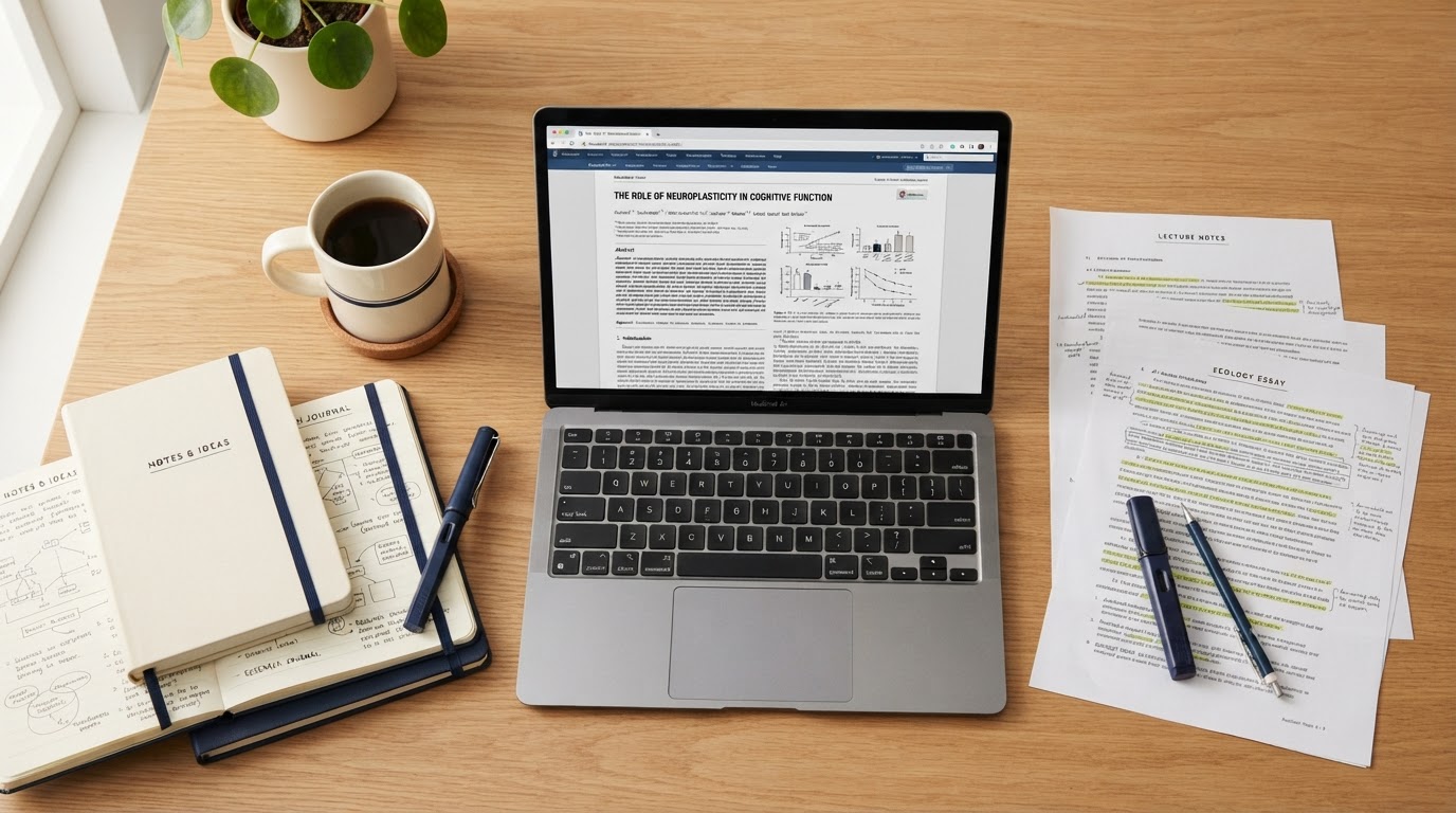 A student desk with a laptop showing a research paper, notebooks and a cup of coffee