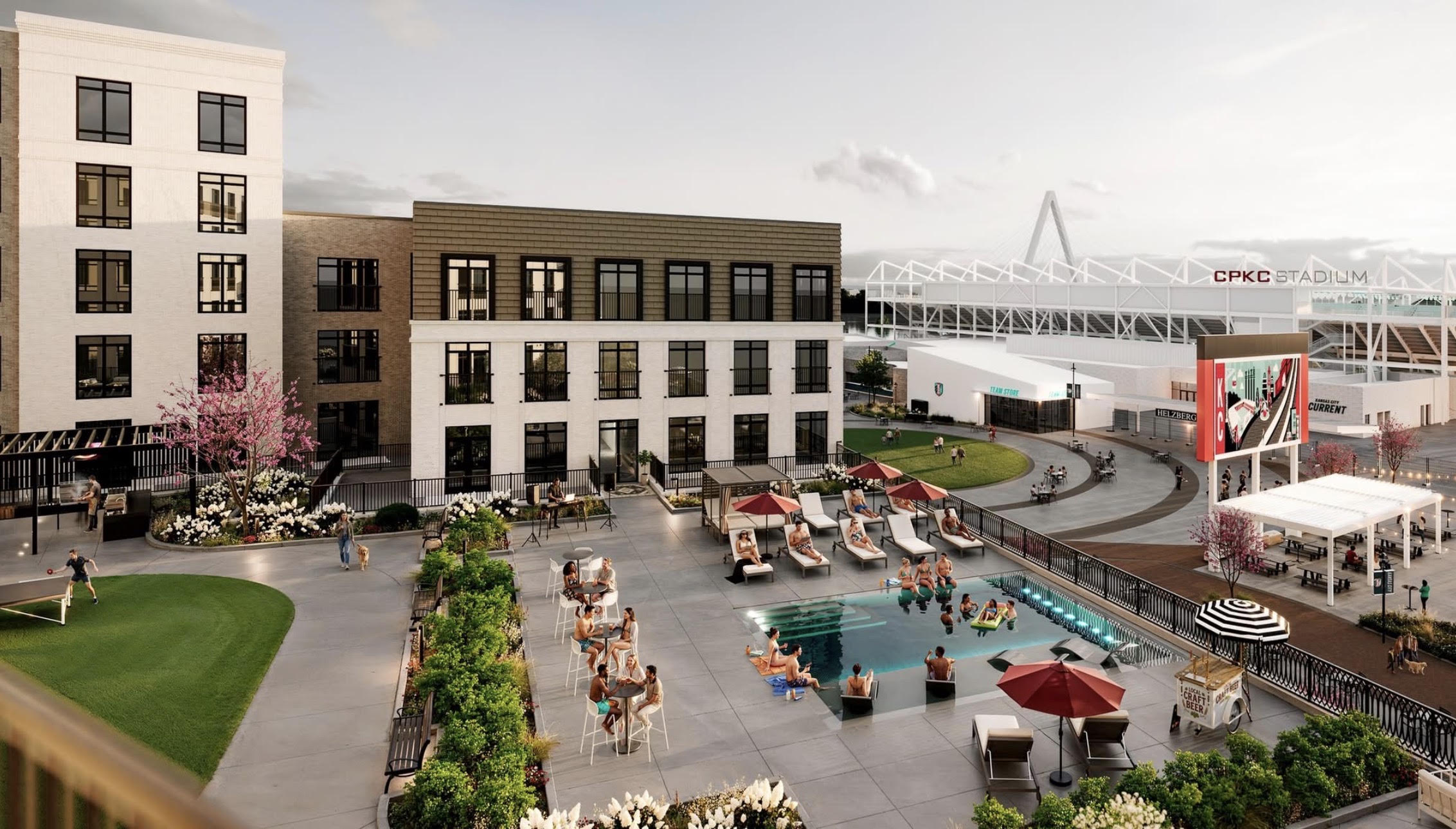 Berkley Riverfront at CPKC Stadium — Amenity deck with plaza view