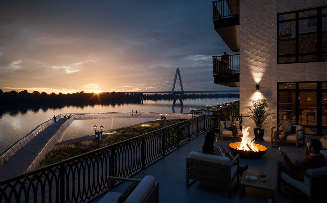 Berkley Riverfront at CPKC Stadium — Aerial of the riverfront district