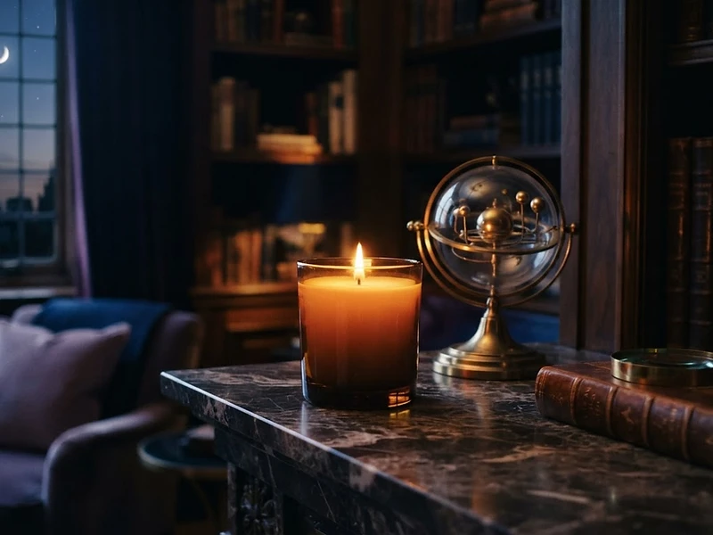 A warm candle glowing on a marble mantelpiece in a dimly lit room, creating an atmosphere of calm and mystery