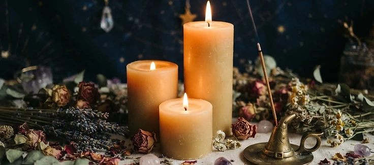 A cluster of candles with dried botanicals and a brass moon charm in a cozy mystical still life