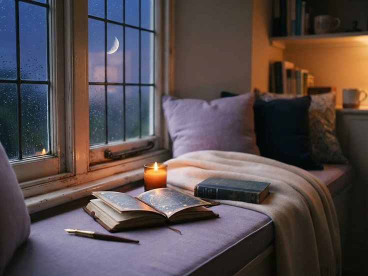 A cozy reading nook at dusk with a glowing candle and a crescent moon through the window