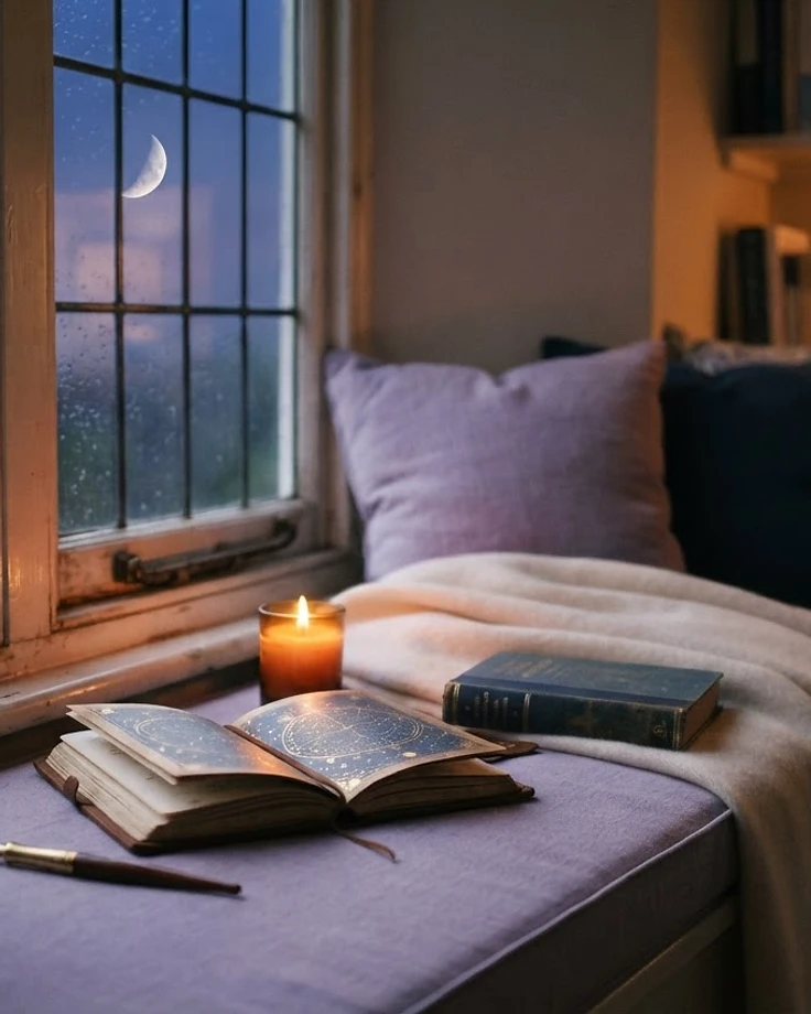 A cosy reading nook at dusk with a glowing candle and crescent moon through the window