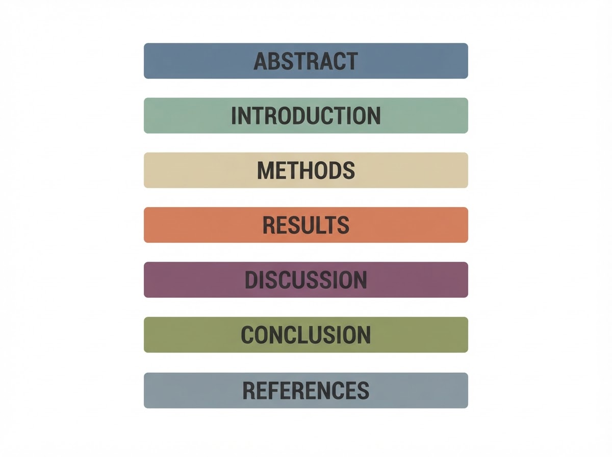 A flat-design infographic showing the sections of a research paper stacked as labeled blocks: Abstract, Introduction, Methods, Results, Discussion, Conclusion, References.