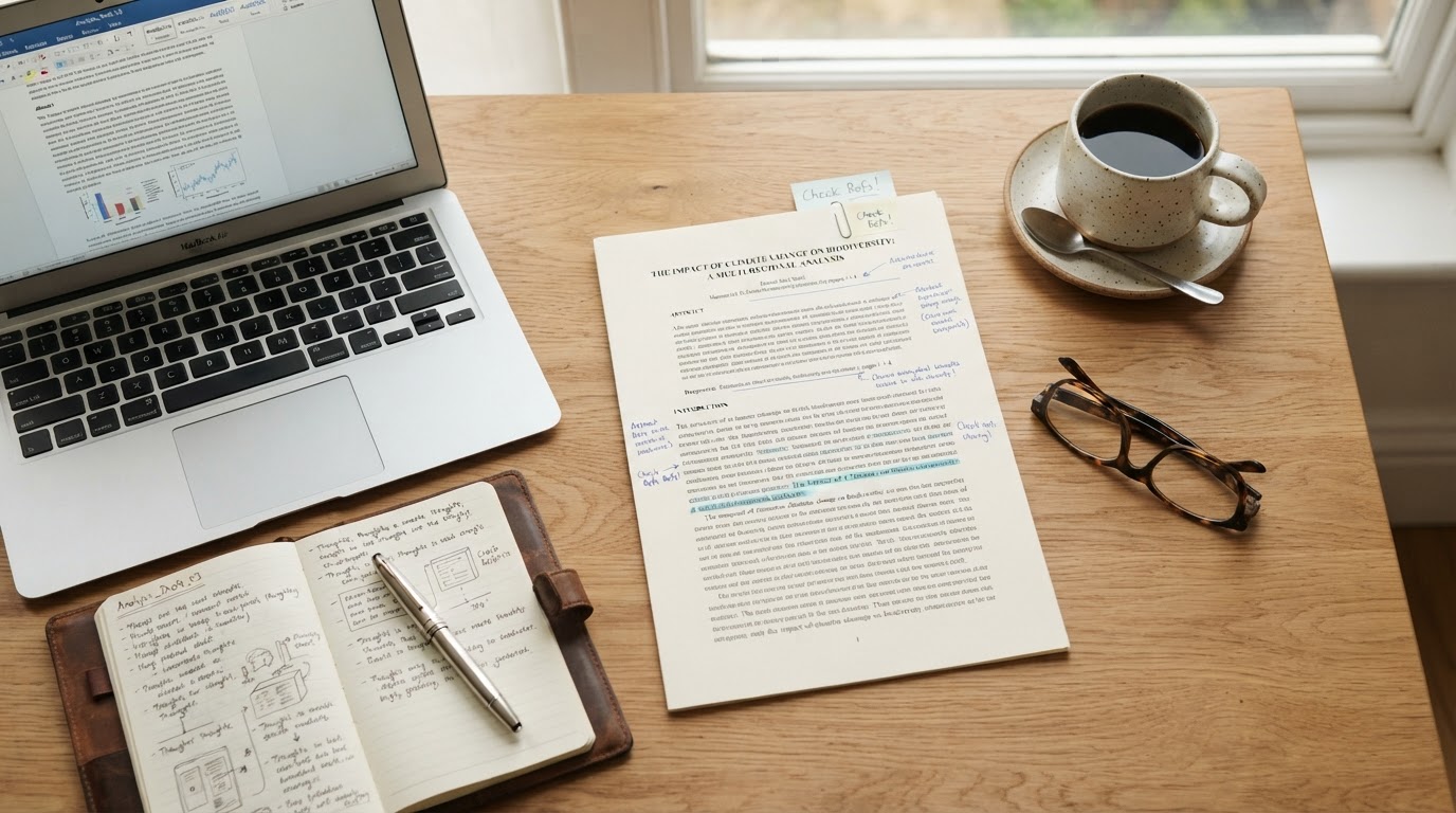 A clean academic desk flat-lay with a research paper manuscript, laptop, fountain pen, reading glasses and coffee.