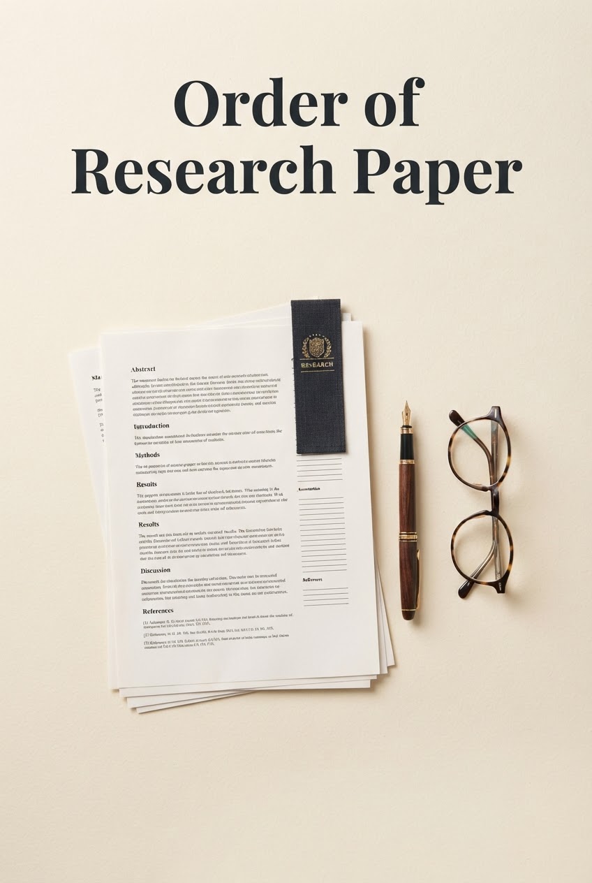 Vertical Pinterest pin titled 'Order of Research Paper' over an academic flat-lay.
