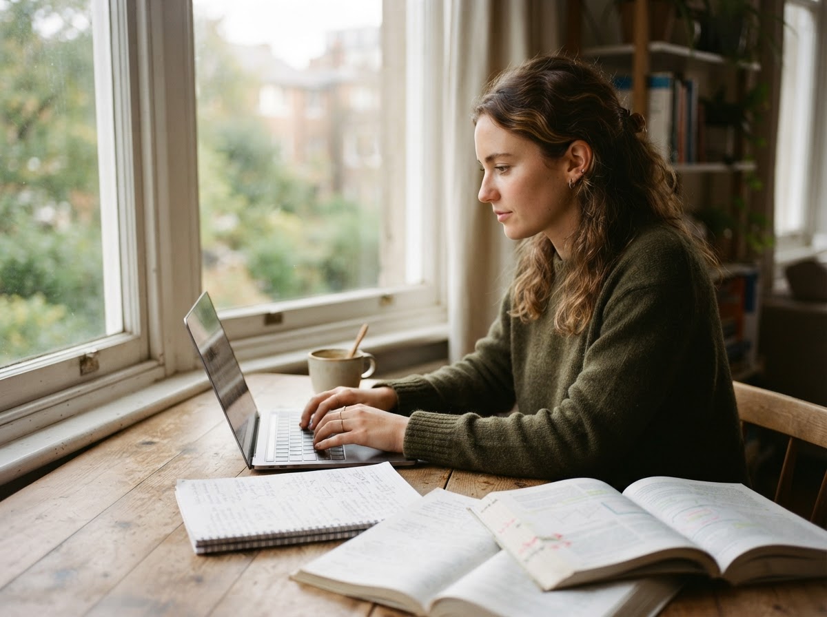 A student researching and writing at a desk with books and a laptop — research paper writing service online