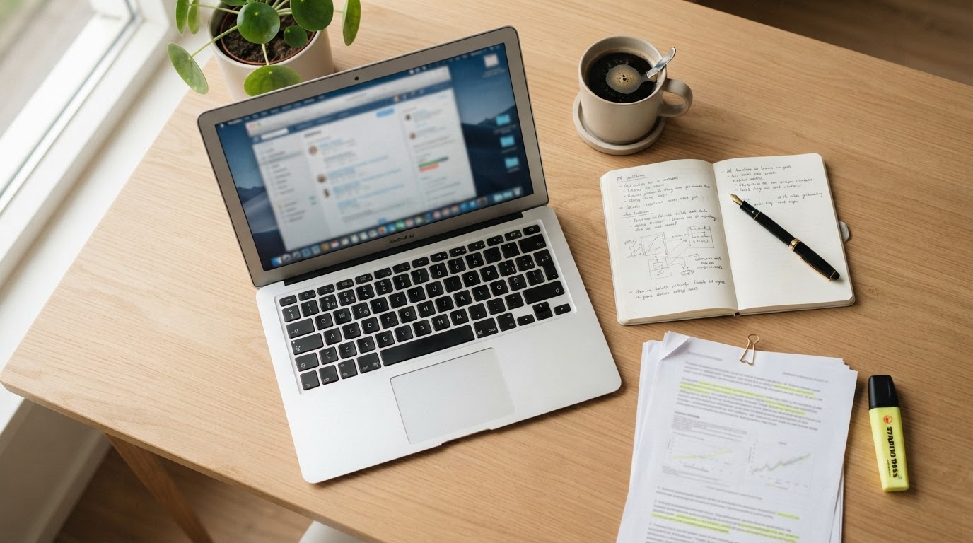A tidy student workspace with a laptop, notebook, coffee and stacked papers — writing services online review