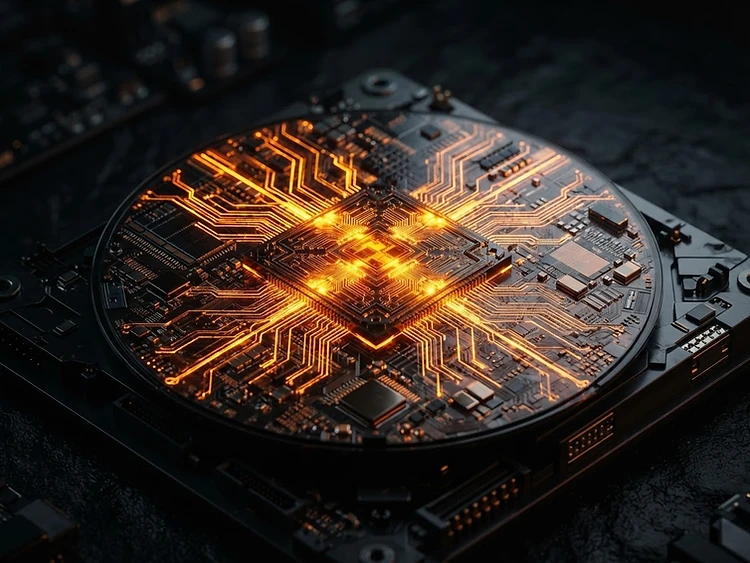 Glowing autonomous compute module — the silicon brain of a fleet investment