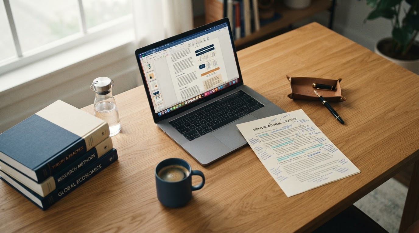 Bureau avec ordinateur, proposition imprimée, stylo et café.