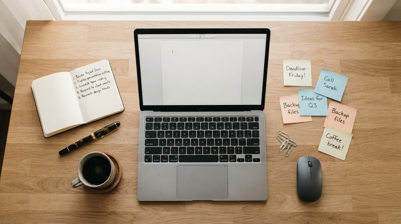 A flat lay of a laptop, notebook with a checklist, coffee and a fountain pen on a light desk