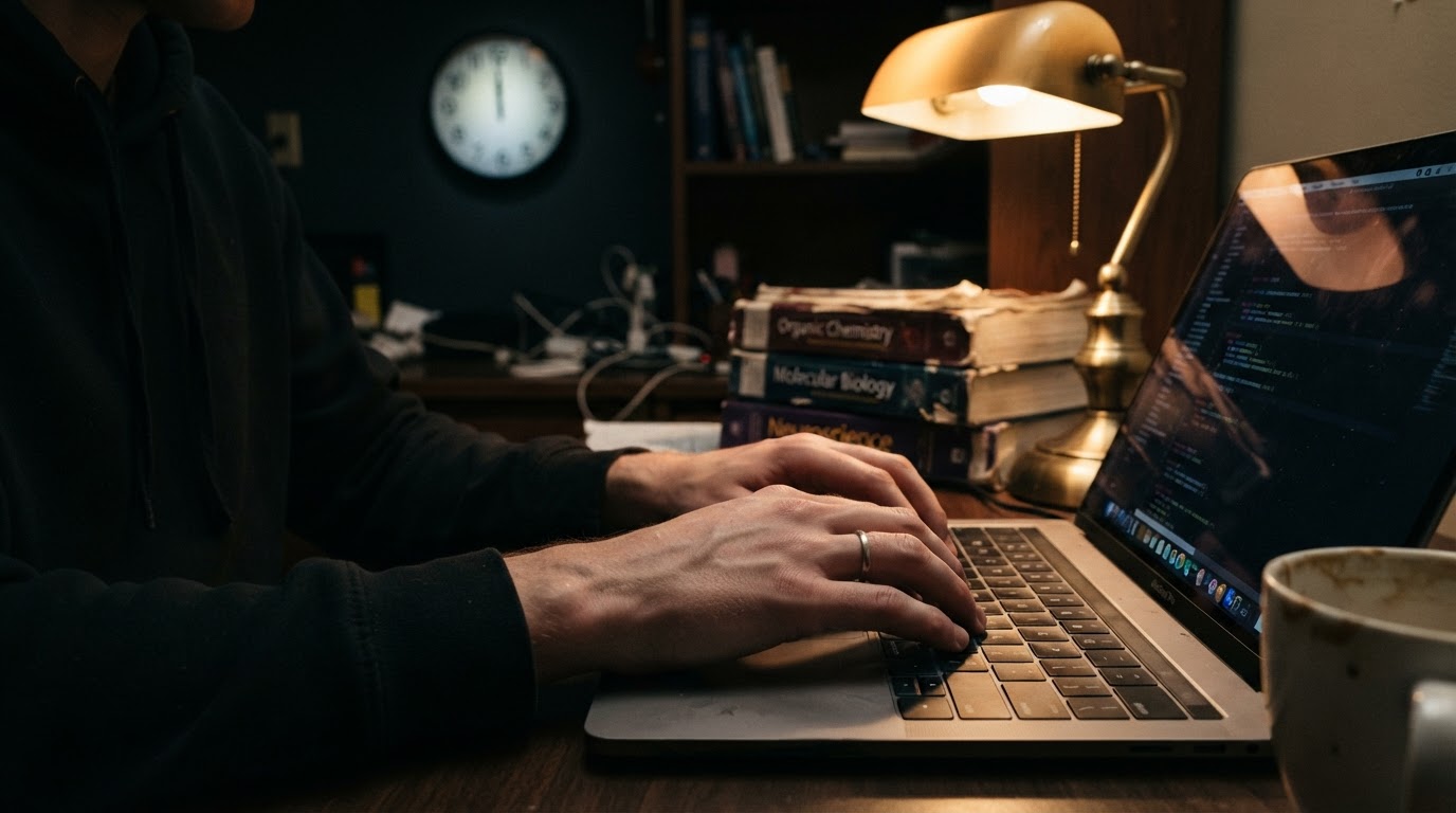 A student typing on a laptop late at night under a desk lamp, a clock showing midnight