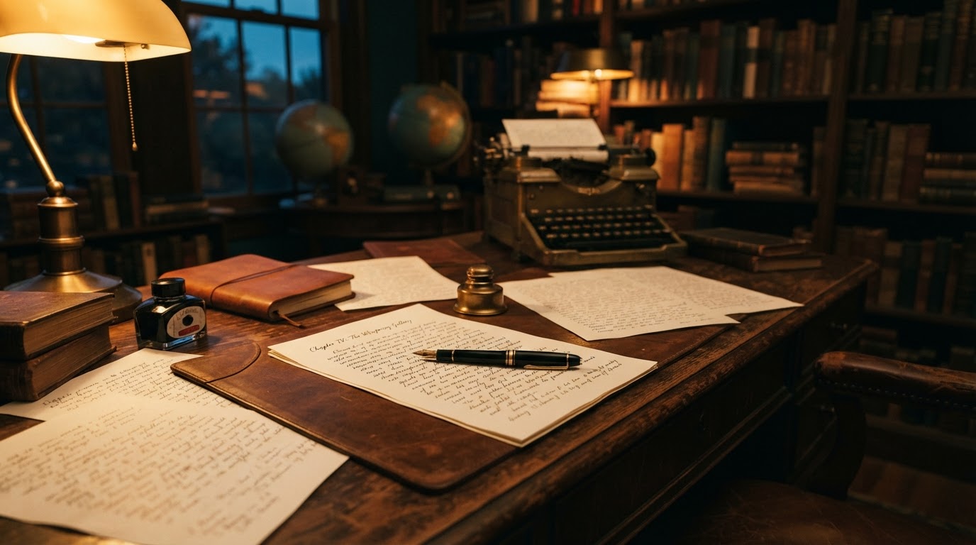 An elegant writing desk with a fountain pen resting on a manuscript — Ghostwriters for Hire