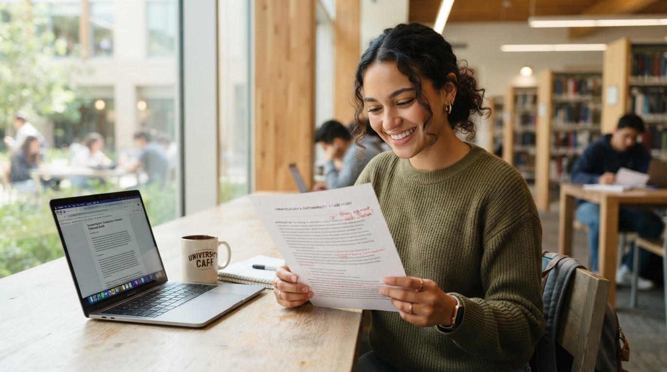 A college student reviewing a printed essay in a library — the review step after you buy a paper for college.
