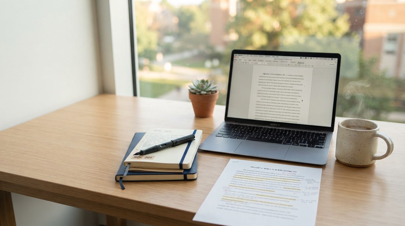 Ein aufgeräumter Studierschreibtisch mit Laptop, Notizbüchern und Kaffee.