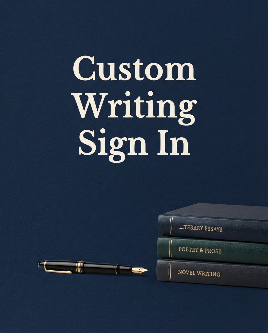 Vertical pin for Custom Writing Sign In with the site title in bold serif text