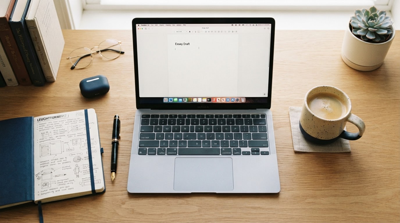 A clean student workspace with a laptop showing a blank document, a notebook, a pen and a cup of coffee