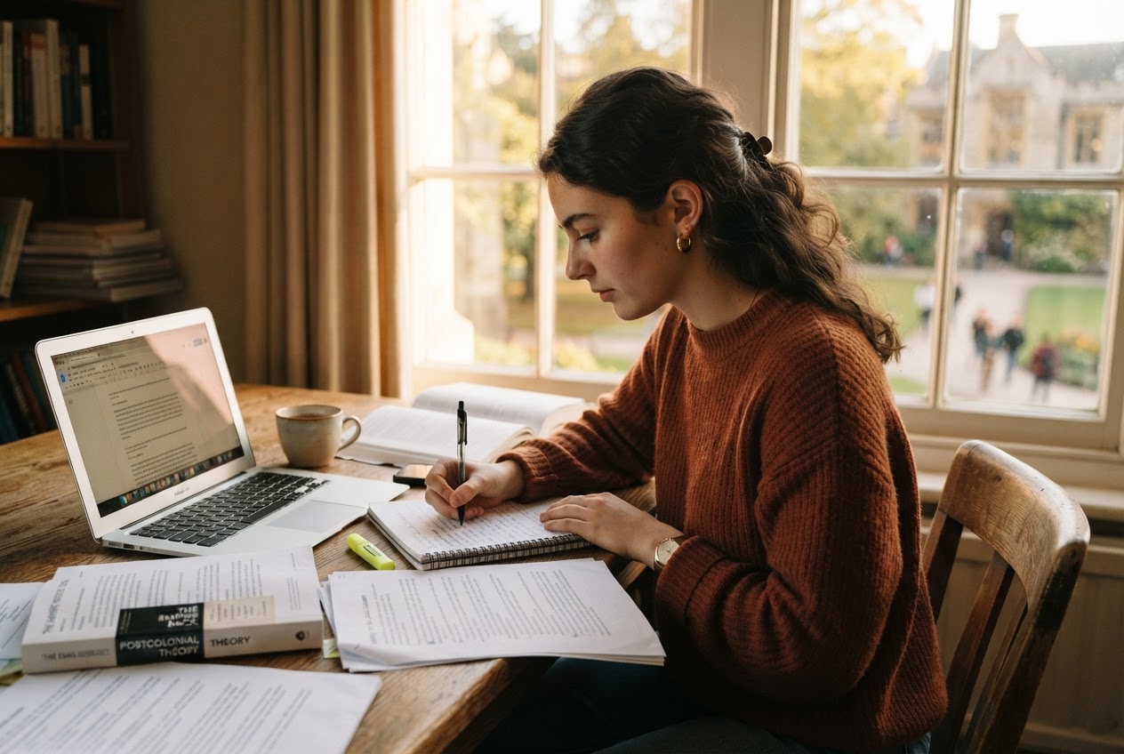 A student writing an essay at a wooden desk by a window in soft afternoon light