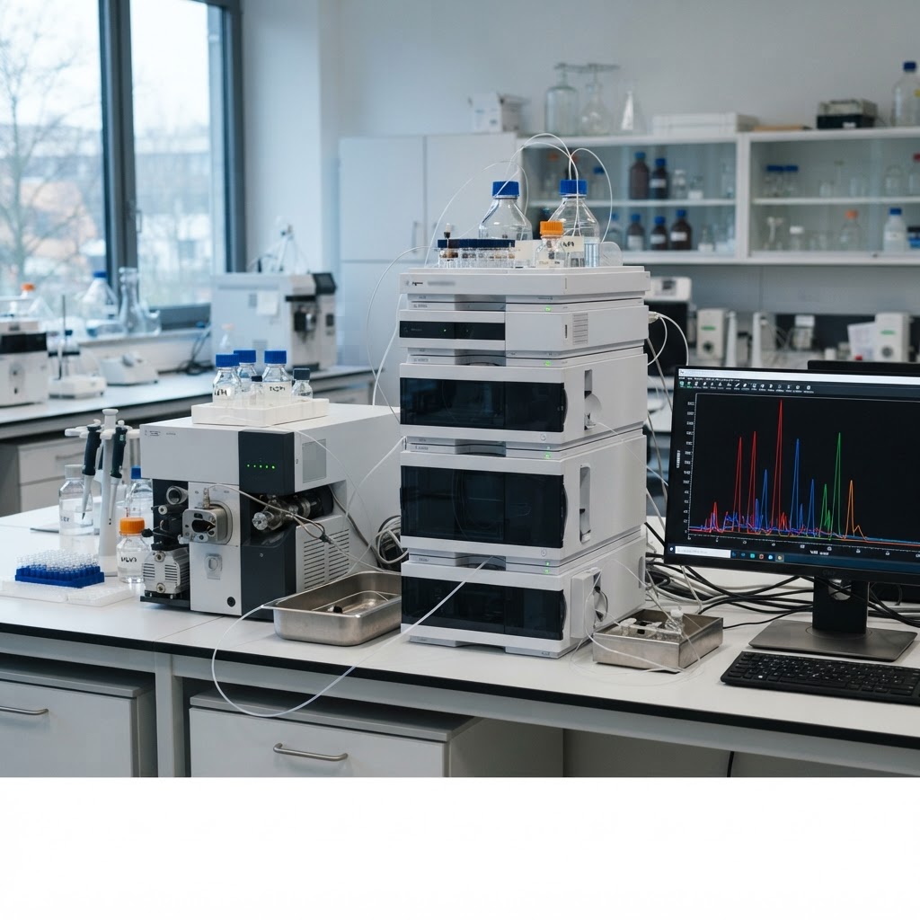 HPLC and mass spectrometry instruments in an analytical lab