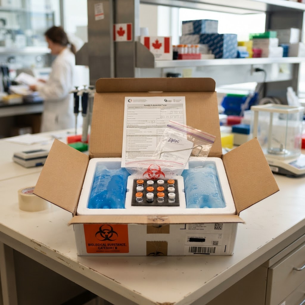Peptide samples packed for shipping to the lab