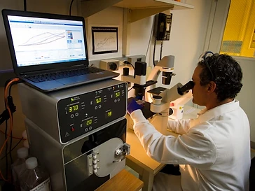 Scientist using a microscope with laboratory monitoring equipment