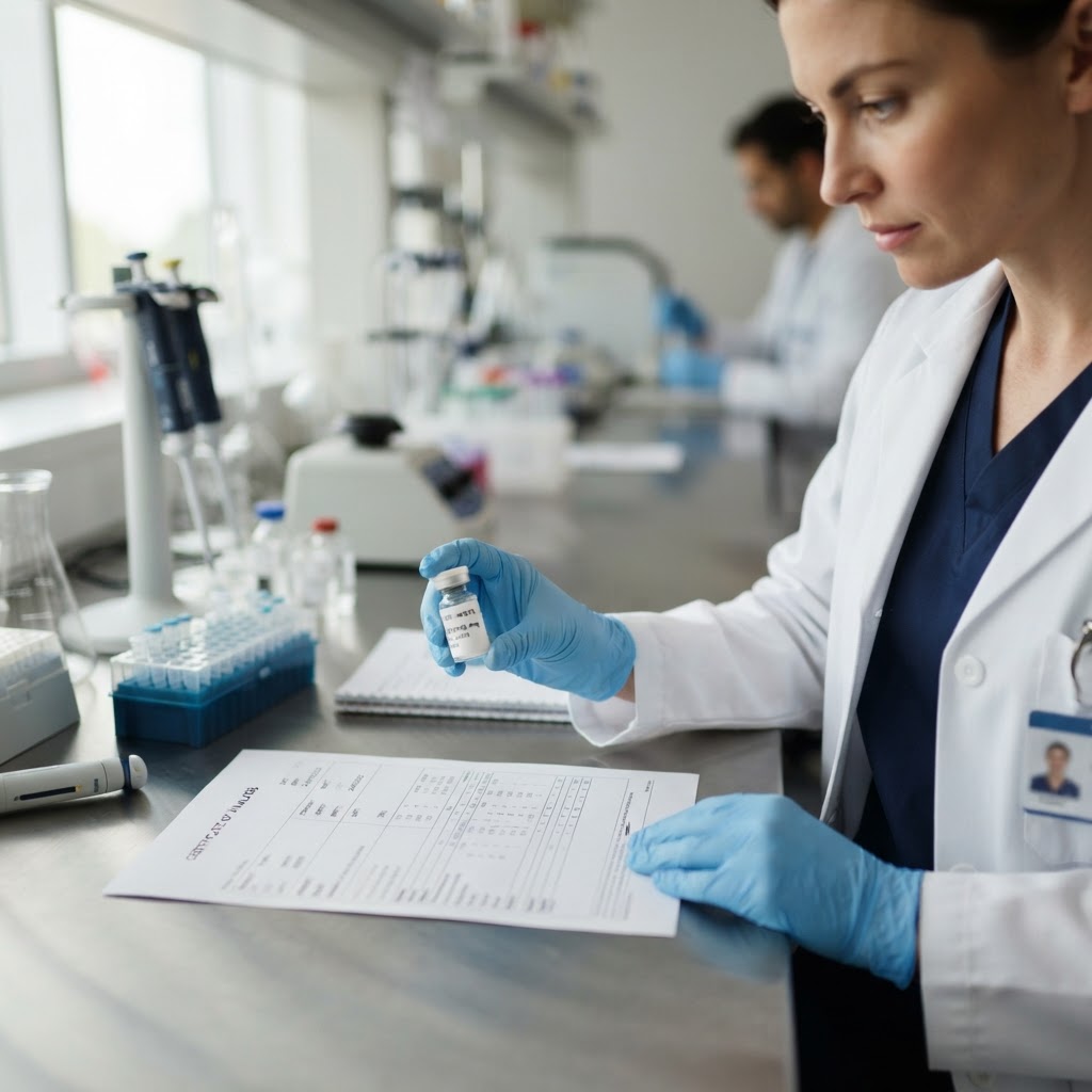 Comparing a peptide vial label with its Certificate of Analysis