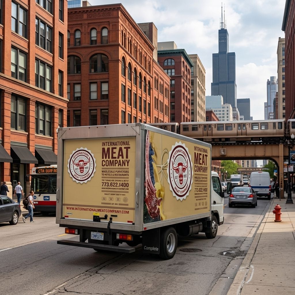 An International Meat Company delivery truck on a Chicago street beneath the L tracks