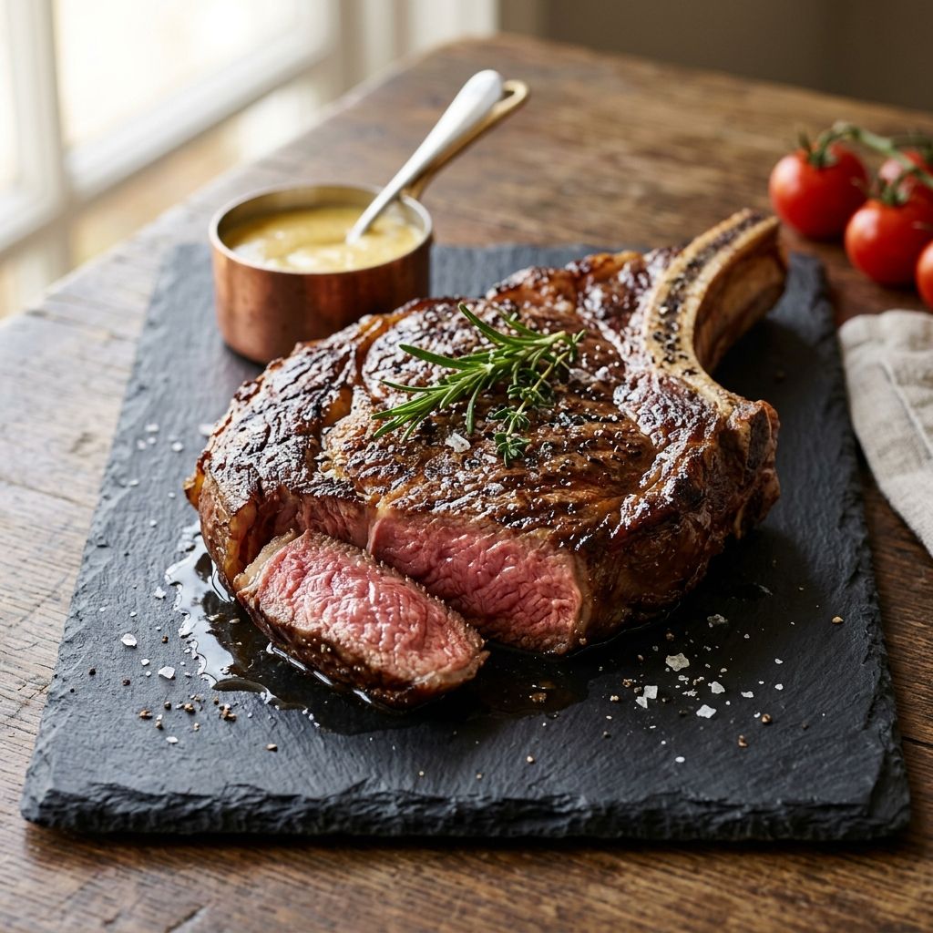 Bone-in rib eye, cooked and rested on slate