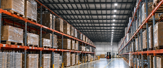 Warehouse interior with loaded pallet racking aisles and overhead pre-insulated ducting with supply air grilles at different locations