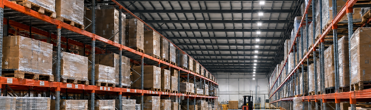 Warehouse interior with loaded pallet racking aisles and overhead pre-insulated ducting with supply air grilles at different locations