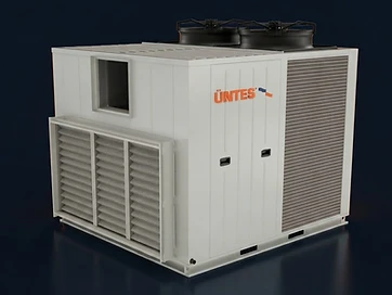 ÜNTES URTT rooftop packaged HVAC unit with twin top fans and finned coil section on a dark navy background with orange accent lighting