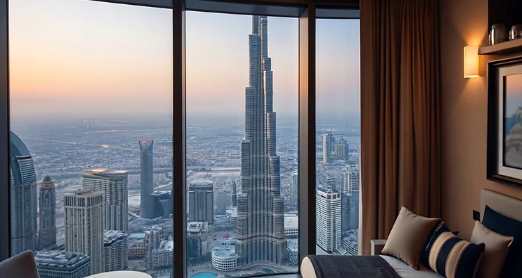 Luxury hotel room interior with floor-to-ceiling windows overlooking the Dubai skyline and Burj Khalifa at twilight