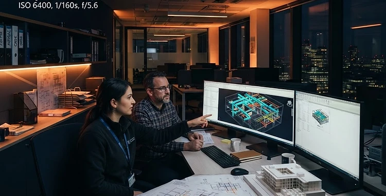 Engineers in a modern design studio reviewing a 3D BIM model with layered HVAC ducts and piping on large monitors