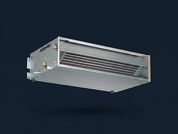 Aermec ceiling-mounted ducted fan coil unit with brass fitting and air outlet on a dark navy background with orange accent lighting