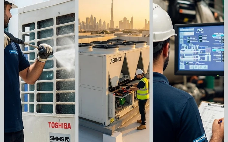 Comfort RH engineers pressure-washing a Toshiba VRF outdoor unit, servicing an Aermec chiller on a rooftop, and reviewing system diagnostics on a control screen