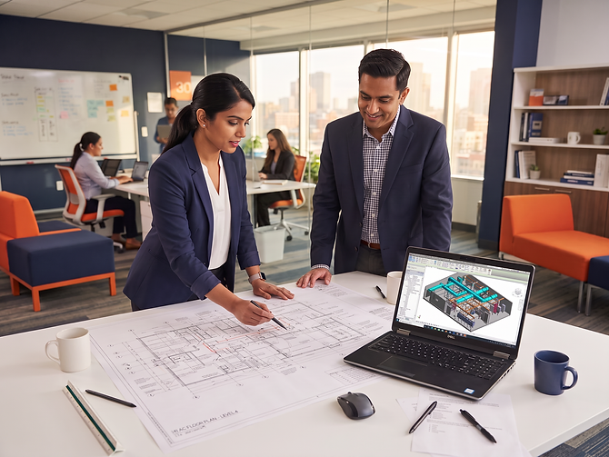 Two Comfort RH and CannTech engineers reviewing HVAC blueprints and a 3D MEP model together in a design office