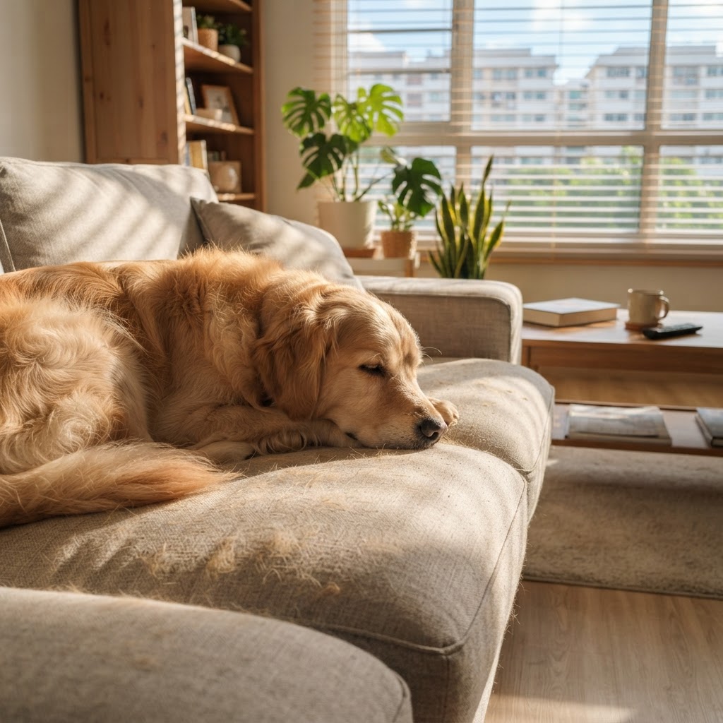 Pet dog resting on a fabric sofa in a Singapore HDB flat — can you clean a sofa with pets at home Singapore