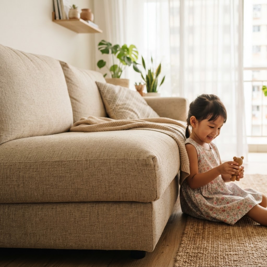 Professional dust mite allergy sofa cleaning in a Singapore home with a child nearby