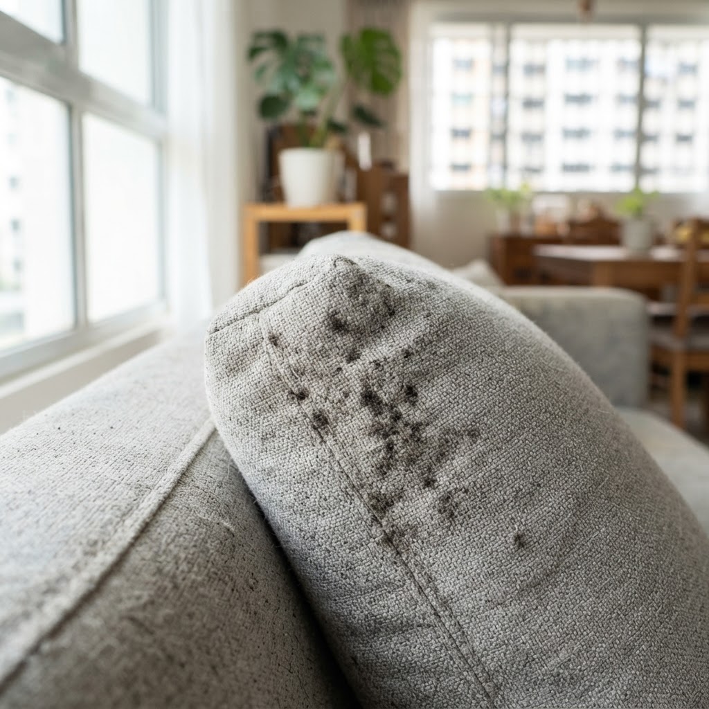 Fabric sofa with mould spots in a Singapore HDB living room — how to clean a fabric sofa with mould Singapore